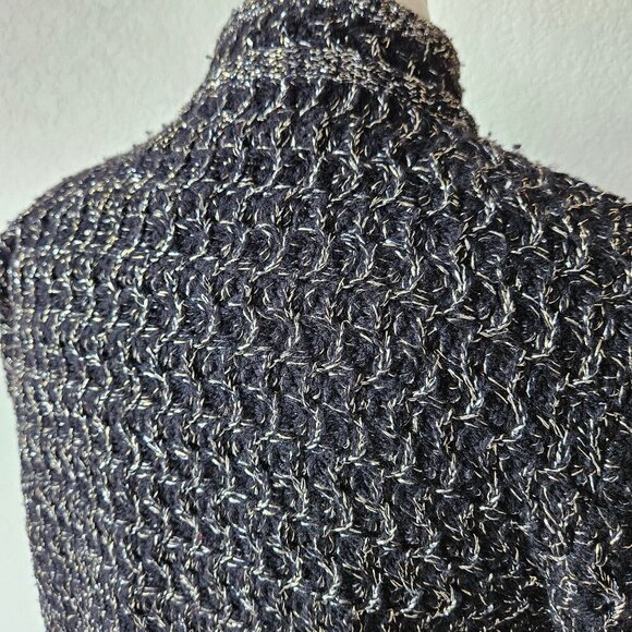 Vintage 70s 80s Black Acrylic KNit Open Front Cardigan Lurex Golden Silver M/L - Picture 6 of 7
